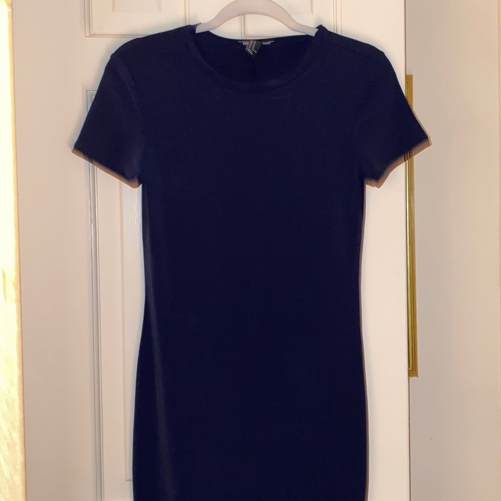 Navy blue long bodycon dress.